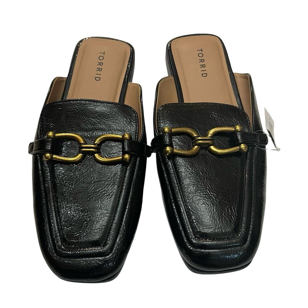 Torrid Flat Loafer Mules 9WW Faux Patent Leather Black Slip On Preppy Horsebit